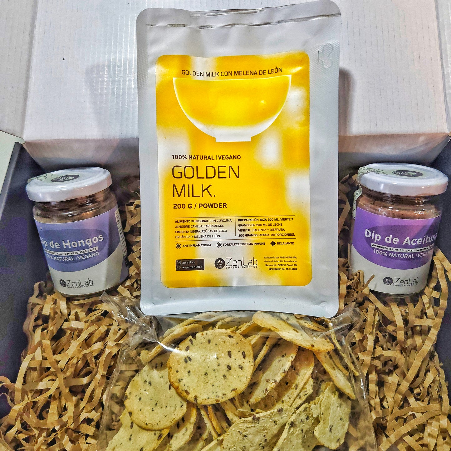Pack Golden Milk Funcional ZenLab con Melena de León, y nuestros icónicos dips de aceituna y hongo ostras. Más energía, foco y sabor en tu día.