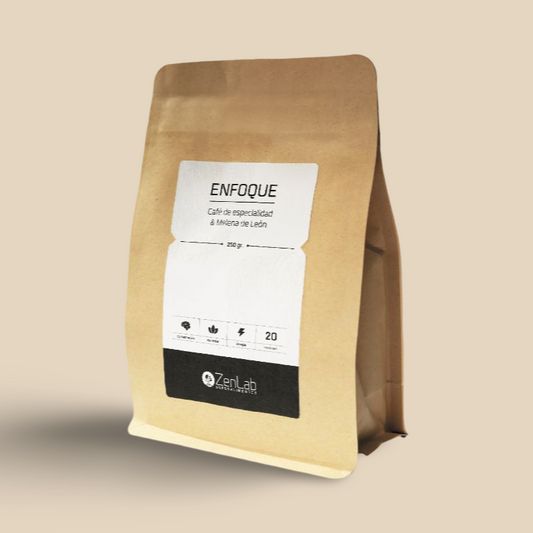 Blend de café de especialidad colombiano con hongos adaptógenos melena de león en envase de 250g.